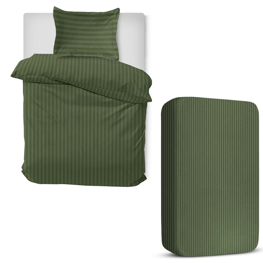 MOONLIGHT20015 3 Piece Single Bedding Set Satin Stripes Duvet Cover Fitted Sheet with Pillow case Hotel Quality Soft Brushed Microfiber Olive Green โ image 1