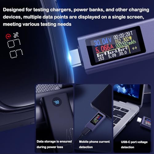Image of USB C Power Meter Tester, 0-12A /4-30V Multimeter Voltage and Current Tester, Full Interface Compatibility TFT Digital Multimeter Battery Checker
