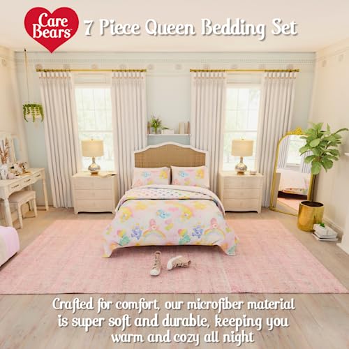Image of Care Bears Classic Retro Rainbow Bedding 7 Piece Super Soft Comforter and Sheet Set with Sham, Queen, (100% Official Licensed Product) By Franco Collectibles