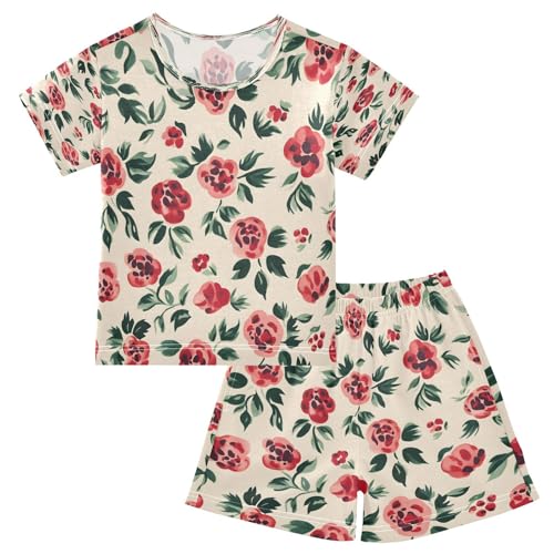 senya Short Sleeve Pajamas Sets Summer Cotton Sleepwear Green Leaves Painting Rose