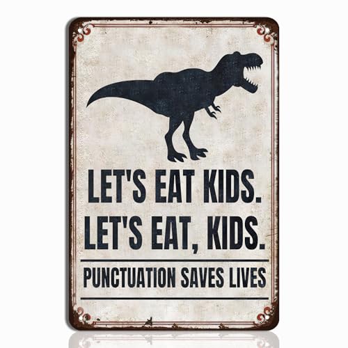 Funny English Classroom Wall Art - Punctuation Saves Lives Metal Sign - Let's Eat, Kids Grammar Decor for High School and Middle School Teachers, English Teacher Gift, 8'x12' Metal Poster