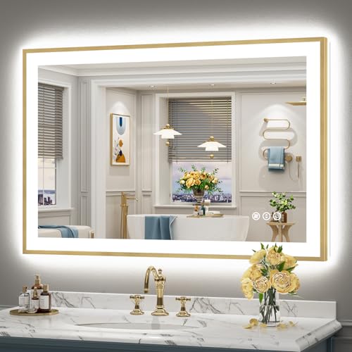 Image of 48x32 Gold LED Bathroom Mirror with Lights, Backlit & Front Lit | Brushed Gold Framed, Anti-Fog Lighted Vanity Mirror, Dimmable, 3-Color Temp, Memory, CRI95, HD Tempered Glass, UL Listed