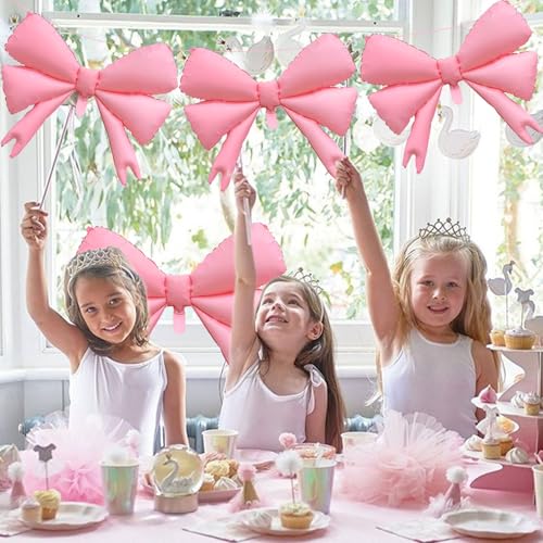 Image of 4 Pcs Large Pink Bow Balloons, Coquette Birthday Decorations