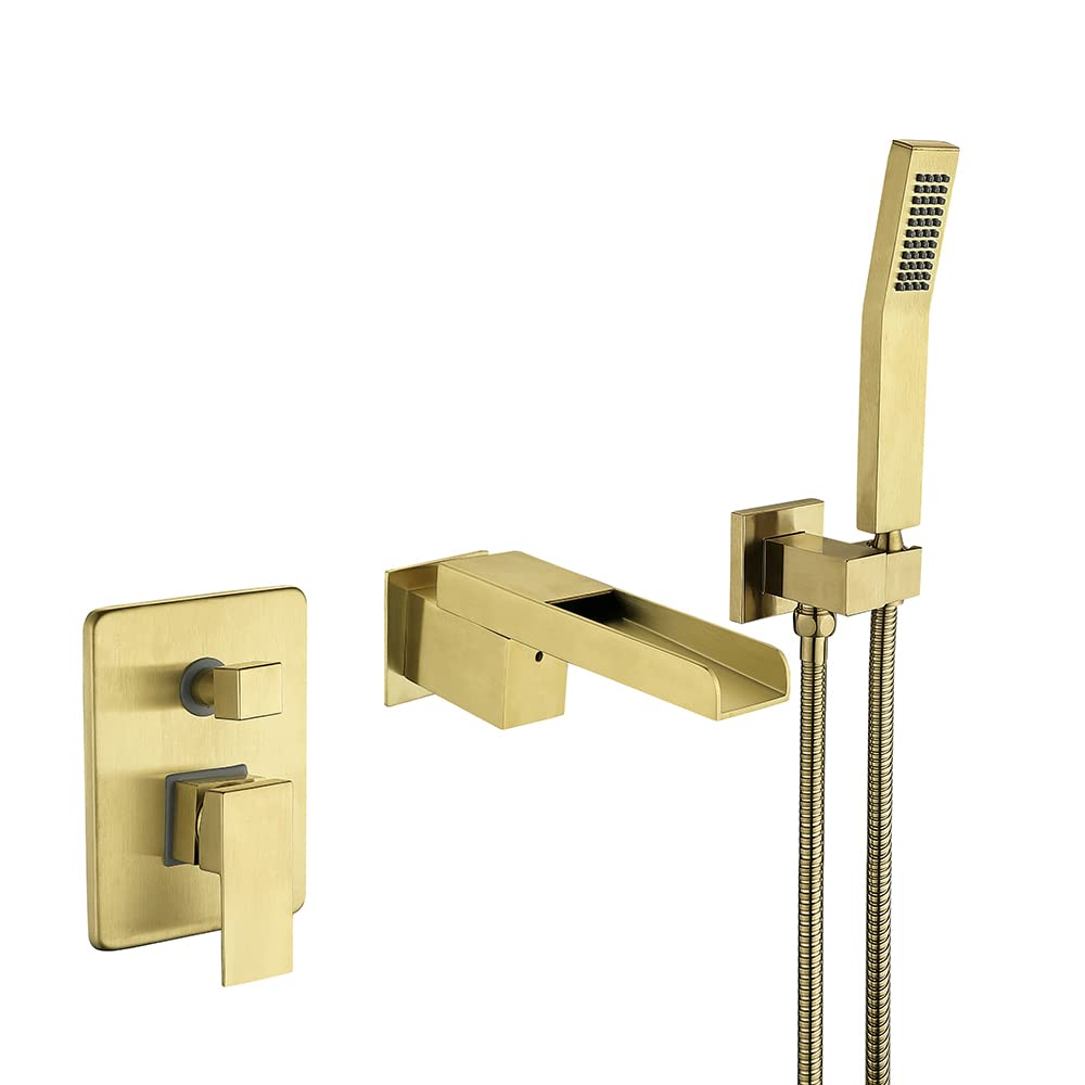 NGDFGR Bathtub Faucet With Shower Set, Bathtub Mixer Tap With Brass Hand Shower Bath Faucet, With 1.5M Shower Hose, Bathroom Shower With Hand Shower Swivel Waterfall Spout, Bath,Brushed Gold