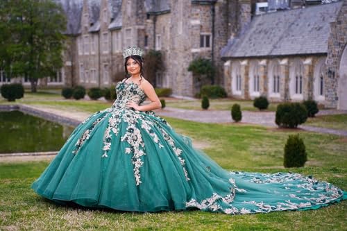 Elegant Gold Lace Quinceanera Dresses with Train Puffy 3D Flower Sweet 16 Dresses Strapless Tulle Ball Gowns with Bow2