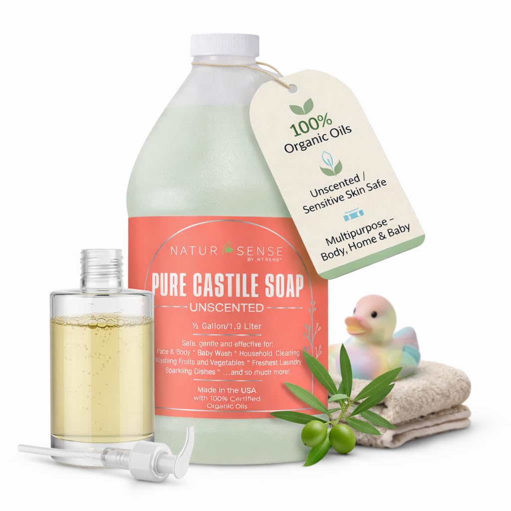 NTRSNS NaturSense Pure Castile Soap. Unscented, made with 100% Certified Organic Oils, Gentle Personal & Baby Wash, Safe & Effective Household Cleaning 64 Fl Oz/Half-Gallon (Pack of 1)