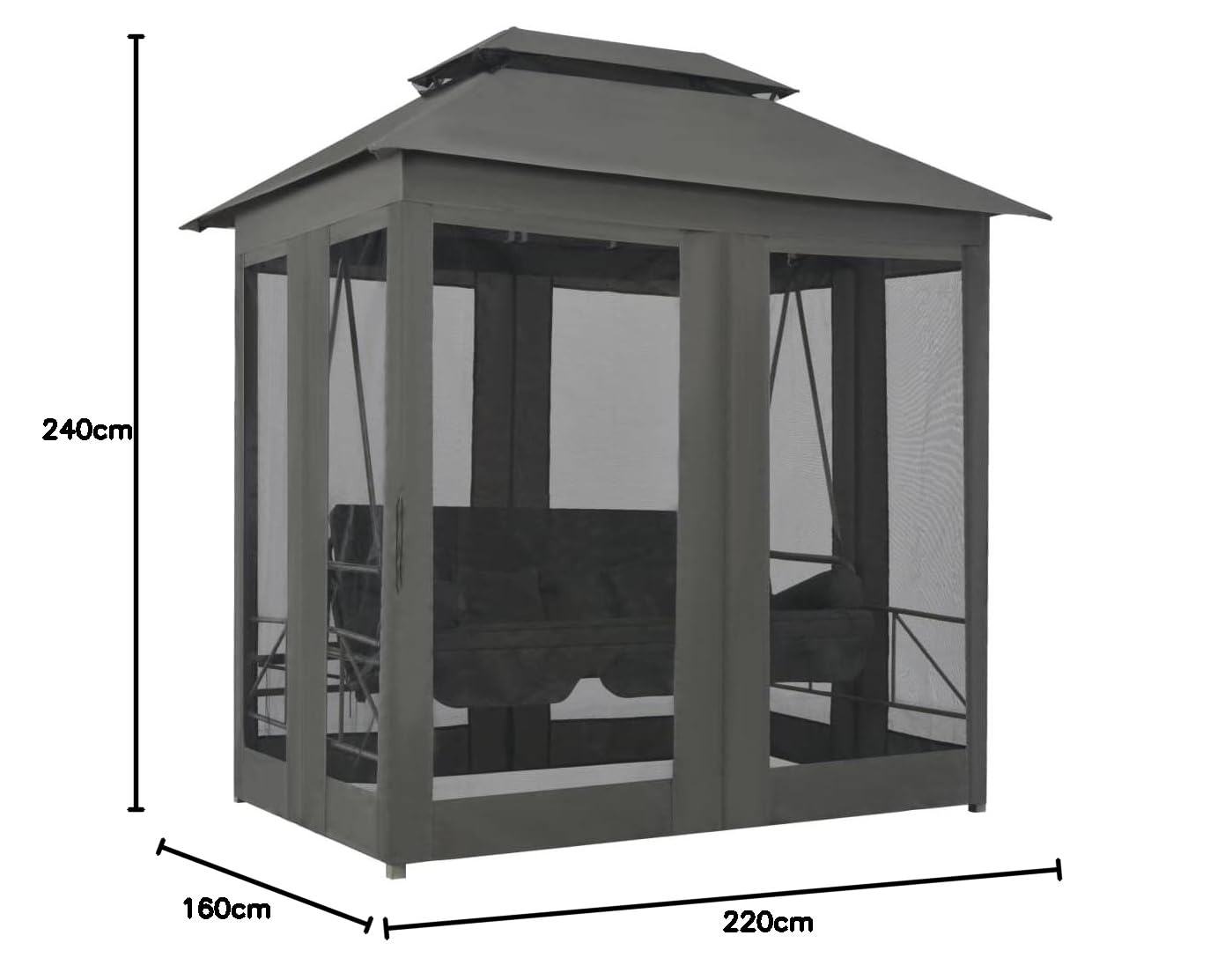 KOIECETA Pavillon Umwandelbare Schaukelbank Gartenschaukel mit Bettfunktion Hollywoodschaukel Hängeschaukel Dach Bettfunktion Gartenmöbel Liege (Anthrazit)
