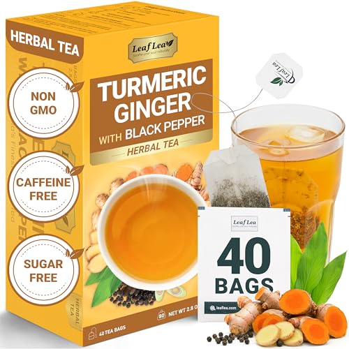 Image of LeafLea Turmeric Ginger Black Pepper Tea Bags, 40 Count, Caffeine-Free