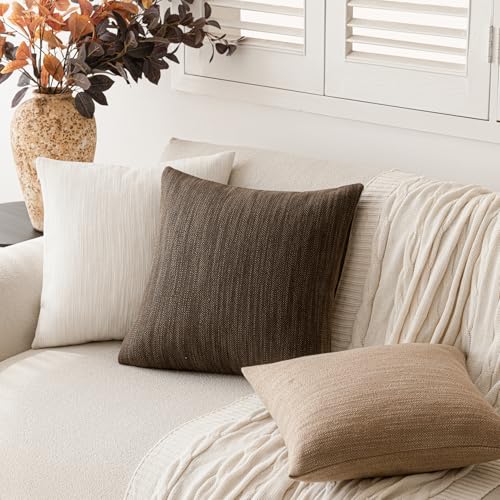 Image of Foindtower Set of 2 Decorative Textured Burlap Linen Throw Pillow Covers Farmhouse Boho Cushion Cover Solid Accent Pillowcase for Couch Sofa Bed Living Room Home Decor, 22x22 Inch,Chocolate