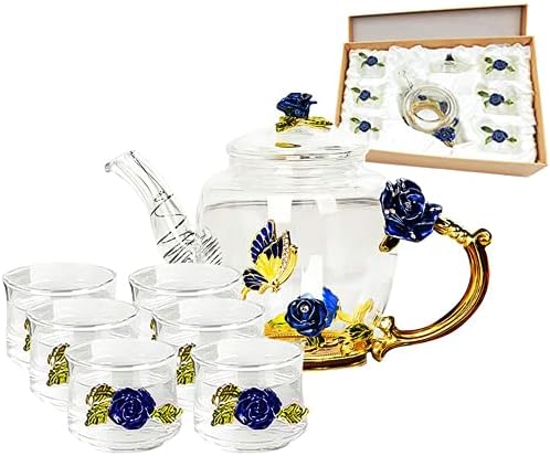 Iamagie Glass Teapot - 280 ml - France Enamel Rose Flower Butterfly Decoration Heat Resistant Glass Teapot Kettle with Strainer for Blooming Tea Loose Leaf Tea (Blue, with 6 Cups)