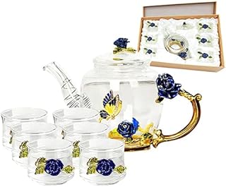 Iamagie Glass Teapot - 280 ml - France Enamel Rose Flower Butterfly Decoration Heat Resistant Glass Teapot Kettle with Strainer for Blooming Tea Loose Leaf Tea (Blue, with 6 Cups)