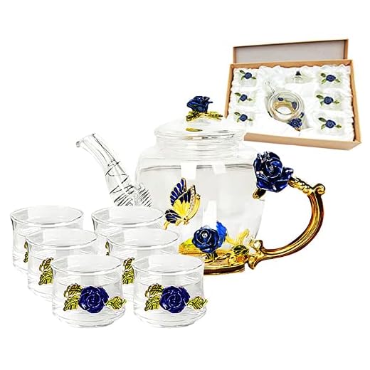 Iamagie Glass Teapot - 280 ml - France Enamel Rose Flower Butterfly Decoration Heat Resistant Glass Teapot Kettle with Strainer for Blooming Tea Loose Leaf Tea (Blue, with 6 Cups)