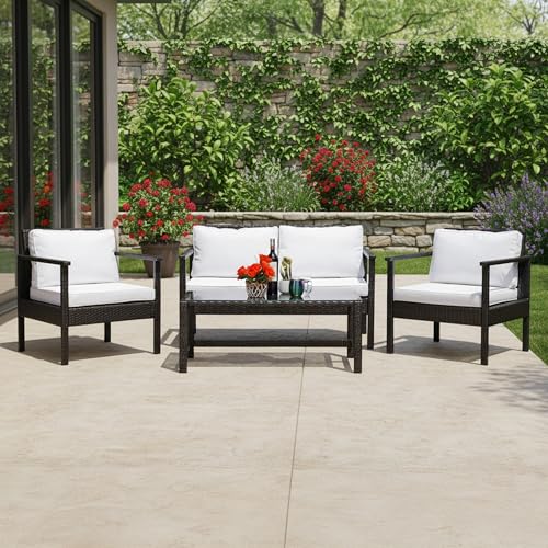 Image of DEVOKO Rattan & Wicker 4 Piece Outdoor Conversation Sofa for Balcony, Indoors Porch, Garden, Terrace Patio Furniture Set with Cushions and Center Table (Black and White), 78 cm, 101.6 cm, 53.3 cm