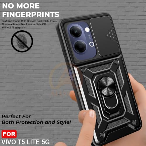 Image of Armor Bumper Back Cover Case for Vivo T5 Lite 44W 5G Rotating Camera Cover, Ring Holder & Kickstand | Heavy Duty & 360 Degree Protection Back Cover for Vivo T5 Lite 44W 5G (Black)