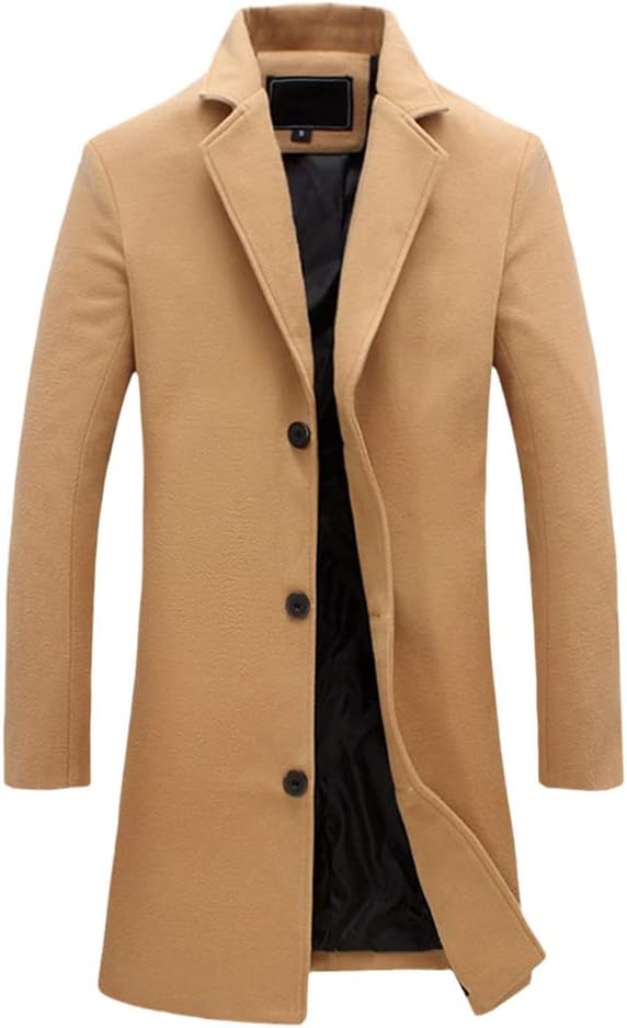 Autumn Winter Men Wool Blends Jacket Medium-Length Slim Solid Color Single-Breasted Trench Coat Casual Jacket