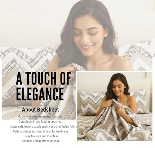 Image of HOMEKART Cotton Double Bedsheet with Pillow Covers | 144 TC Soft & Breathable Luxury Bed Sheet | Leaf Printed Bedding for Bedroom | Double Bed Size 90 x 90 Inches | Beige & Charcoal Grey