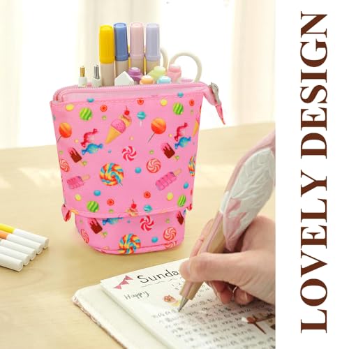 Image of KPX Cute Standing Pencil Case Pen Holder for Kids, Pop Up Stand UP Bubble Tea Pen Organizer Kawaii Stationary for Christmas Holiday New Year Office (Candy)