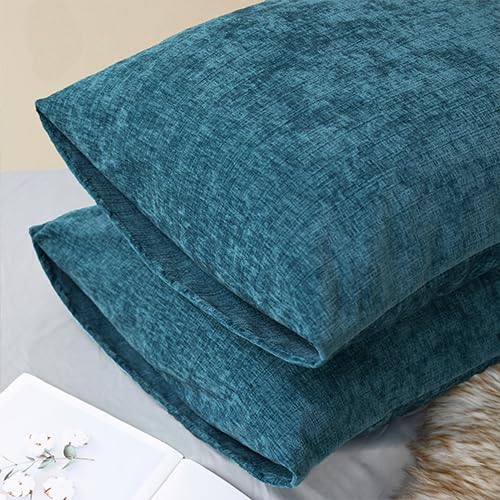 Image of CaliTime Pack of 2 Cozy Standard Pillow Shams Cases for Bed Bedding Decoration Solid Dyed Soft Chenille 20 X 26 Inches Ocean Blue