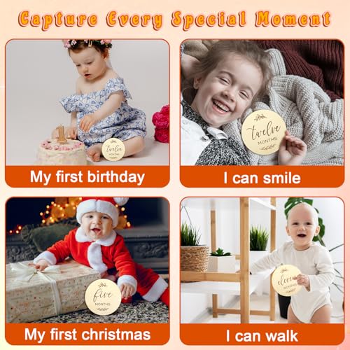 Image of Grevosea 7 Pcs Baby Milestone Cards, Double Sided Wooden Baby Months Signs Welcome Home or Hello World Sign Cards Baby Shower Gifts for New Parents 0-12 Months Newborn Growth Recording