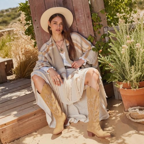 Image of Erocalli White Cowgirl Boot Cowboy Boots for Women Embroidered Pull-On Chunky Stacked Heel Knee High Western Boots