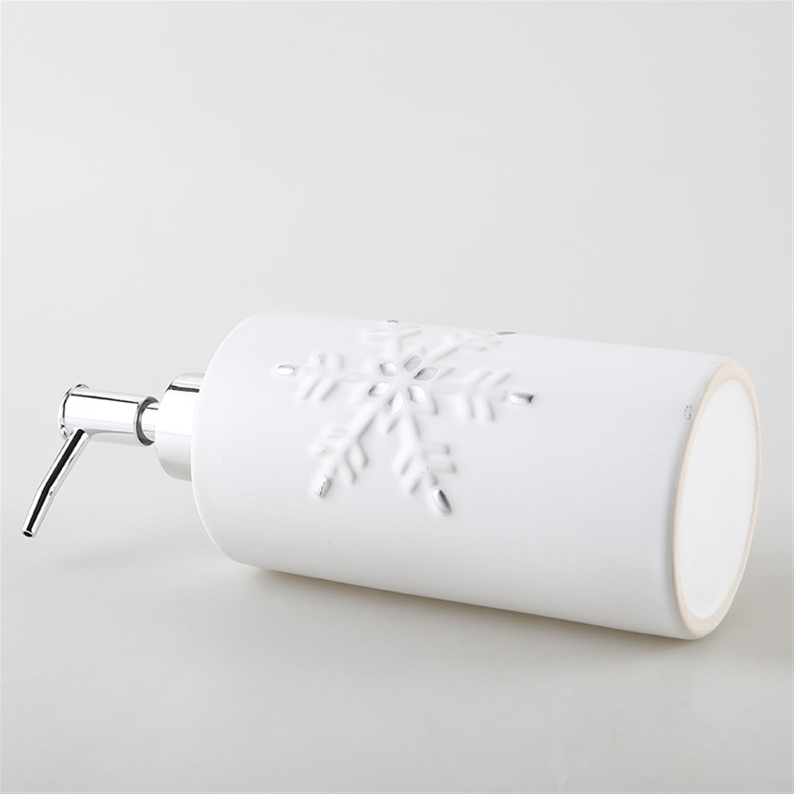 Dispensador de jabón de cerámica para baño, encimera, Relieve, diseño de Copo de Nieve, Blanco, Botella con dosificador, Recargable, para lavavajillas, 550 ml.