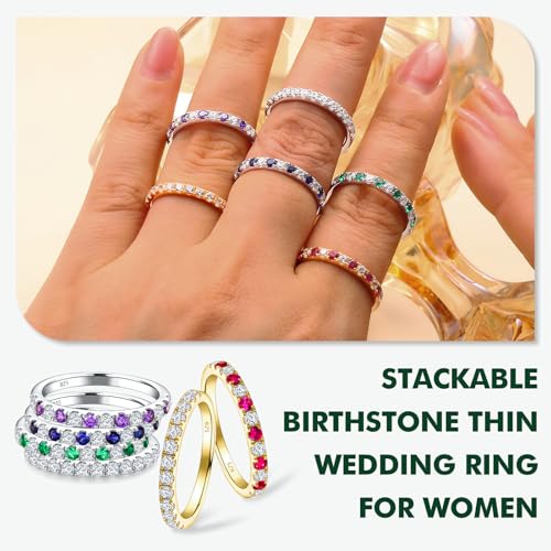 Birthstone Rings Eternity Band 925 Sterling Silver/Yellow Gold Created Gemstone Stackable Wedding Band Half Eternity Rings for Women Size 6 to 103