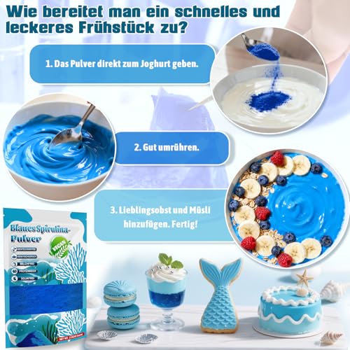 Spirulina Pulver Blau 60g - Hochkonzentrierte Lebensmittelfarbe Blau, Natürliche Lebensmittelfarbe für Smoothies, Milchshakes, Backwaren – Gentechnikfrei und Vegan