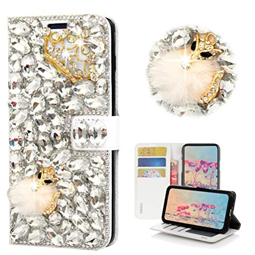STENES Bling Wallet Case Compatible with Samsung Galaxy S6 Active - Stylish - 3D Handmade Crystal Crown Fox Magnetic Wallet Design Leather Cover Case - White