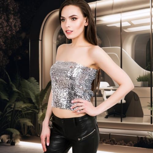 UILYNIU Pailletten Oberteil Damen, Glitzer Pailletten Tank Top Trägershirt Damen Tube Top Sexy Ärmellos Bandeau Top für Party (DE/NL/SE/PL, Alphanumerisch, Einheitsgröße, Regular, Regular, Silber)