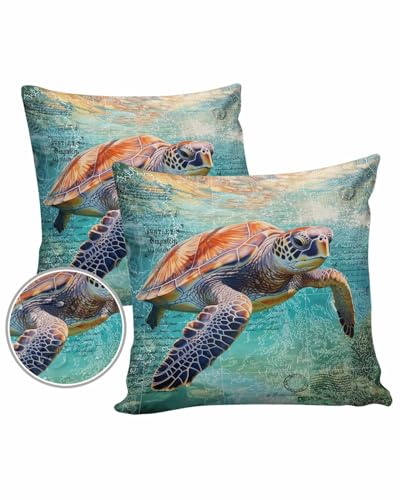 Sea Turtles Outdoor Pillow Cover 18x18 Inch Cushion Sham Case, Waterproof Decorative Square Throw Pillowcase for Outside Garden Patio Porch Couch Chair Tent Retro Coastal Nautical Maps Ocean Summer
