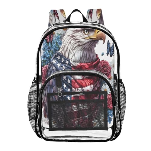 American Flag Bird Butterfly Flower Clear Backpack Heavy Duty See Through Transparent PVC BookBag for Kids Boy Girl School Work