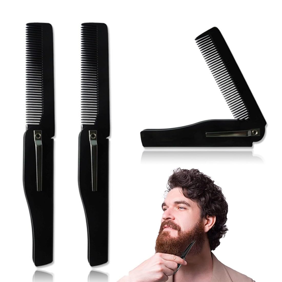 KSUKTSW 3Pcs Peine Hombre Plegable Cepillo Pelo Mini Peine Barba de Pelo Antiestático Hair Brush con Decoración de Chapa Metálica Peine Hombre de Pelo Portátil Cepillo Better para Barbero