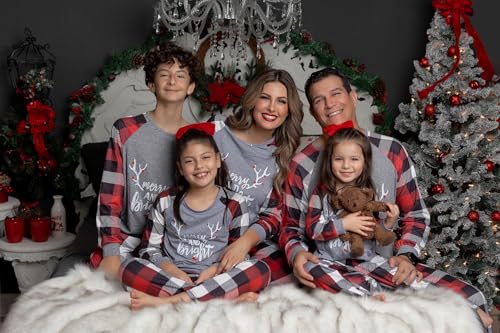 Image of IFFEI Matching Family Pajamas Sets Christmas PJ's with Letter and Plaid Printed Long Sleeve Tee and Bottom Loungewear