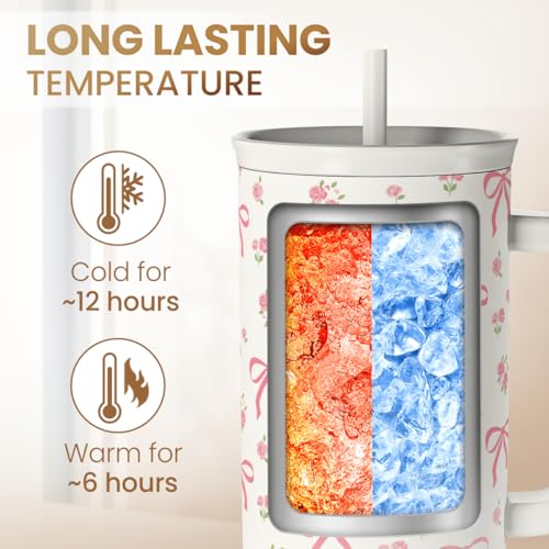 Image of Bow Tumbler with Handle 40oz, Stainless Steel Insulated Tumblers Coffee Travel Cup with Slider Straw Lid, Gifts for Women Teen Girls Birthday