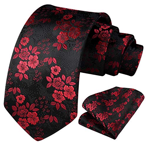 Image of HISDERN Extra Long Ties for Men Classic Floral Tie and Pocket Square Elegant Silk Necktie Handkerchief Set Wedding Party