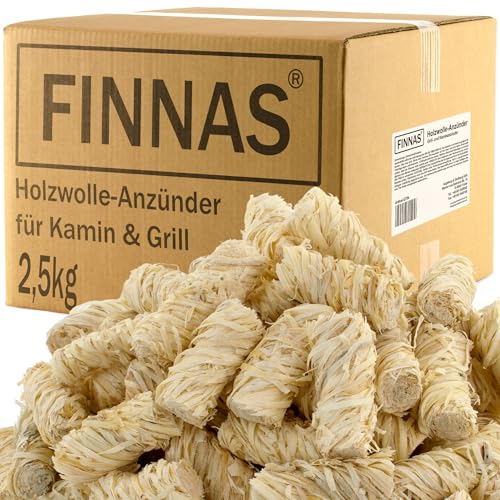 FINNAS Anzündwolle Kaminanzünder Grillanzünder Ofenanzünder Holzwolleanzünder 2,5kg ca 200 Stück Ökoanzünder Wachszünder Holzanzünder Feuerschale Lagerfeuer Smoker Lange Brenndauer