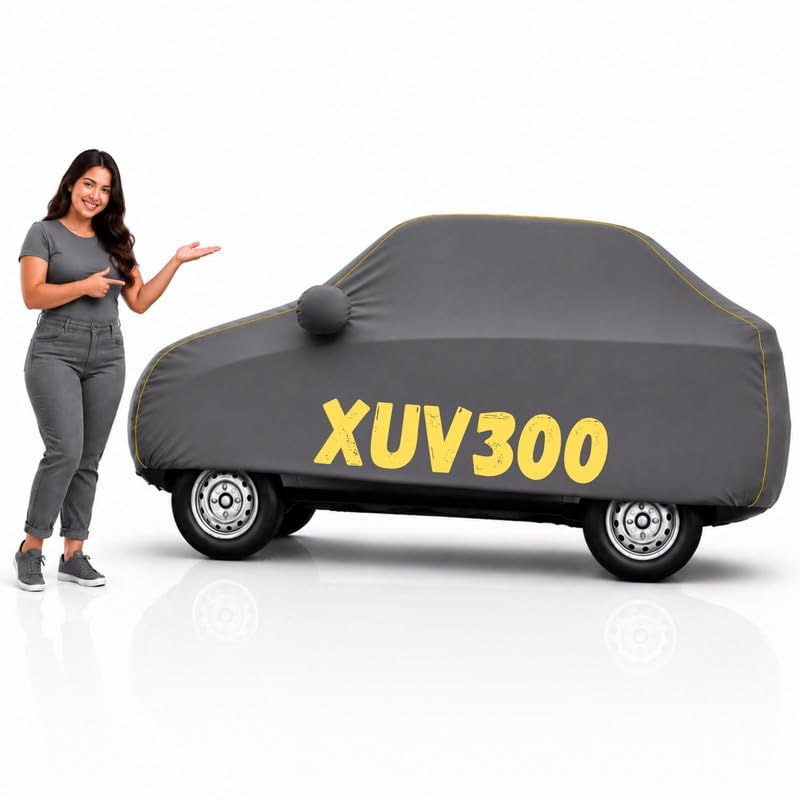 Image of Long-Life 100% Waterproof XUV300 Car Body Cover for Dust & Rain, Compatible with All Models of XUV300 Car Cover, Comes with Bird Droppings, Scratch, UV and Paint Protection - Grey