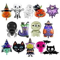AYNKH 15PCS Oversized Halloween Foil Balloons, Pumpkin, Spider, Bat, Witch, Skeleton, Ghost Halloween Foil Balloons Set, Kids Party Decoration
