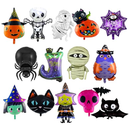 AYNKH 15 Stück übergroße Halloween-Folienballons, Kürbis, Spinne, Fledermaus, Hexe, Skelett, Geister-Halloween-Folienballon-Set, Kinder-Party-Dekoration