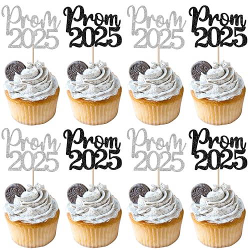 24 Pack Prom 2025 Graduation Cupcake Toppers Glitter 2025 Prom College Cupcake Picks for Congrats 2025 Graduation Class of 2025 Theme School Party Cake Decoration Supplies Black Silver