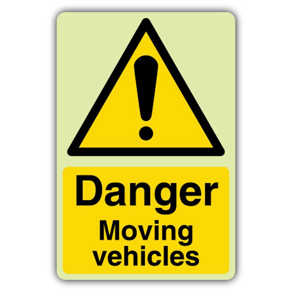 V Safety - Señal de seguridad que brilla en la oscuridad con texto en inglés "Danger Moving Vehicle", 600 x 900 mm, hecha de vinilo autoadhesivo de doble brillo, para aparcamiento y señalización de