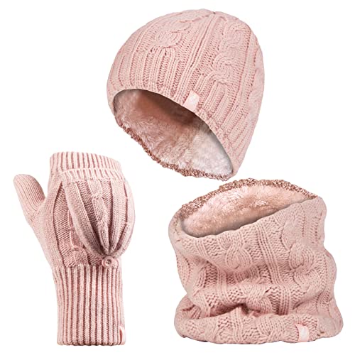 HEAT HOLDERS - Womens Thermal winter fleece cable knit Hat Neck Warmer and Converter Gloves set (Dusky Pink)