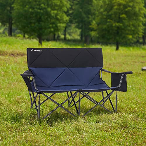 Aohanoi Camping Chairs, Camping Chairs For Heavy People, Loveseat Outdoor Double Oversized Camping Chairs With Extra Wide Seats For Adults, Lawn Chairs Folding Supports Up To 500 Lbs X2, Navy Blue #TOP1