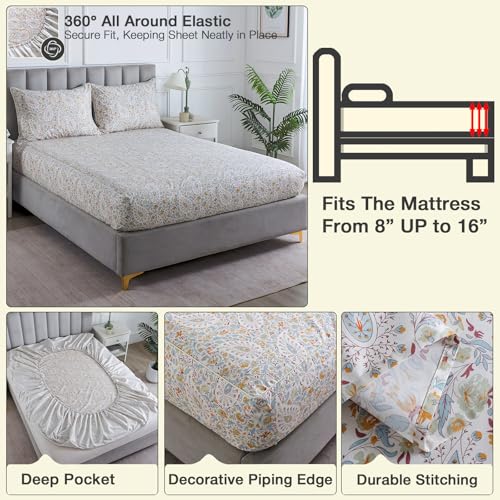 Image of Vintage Paisley Pattern Percale Sheets King Size, Light Beige Shabby Floral Chic Toile Bed Sheets, Soft Crisp 100% Cotton Deep Pocket Cozy House Sheet Set, Luxury Cottage Core Bedding, 4Pcs