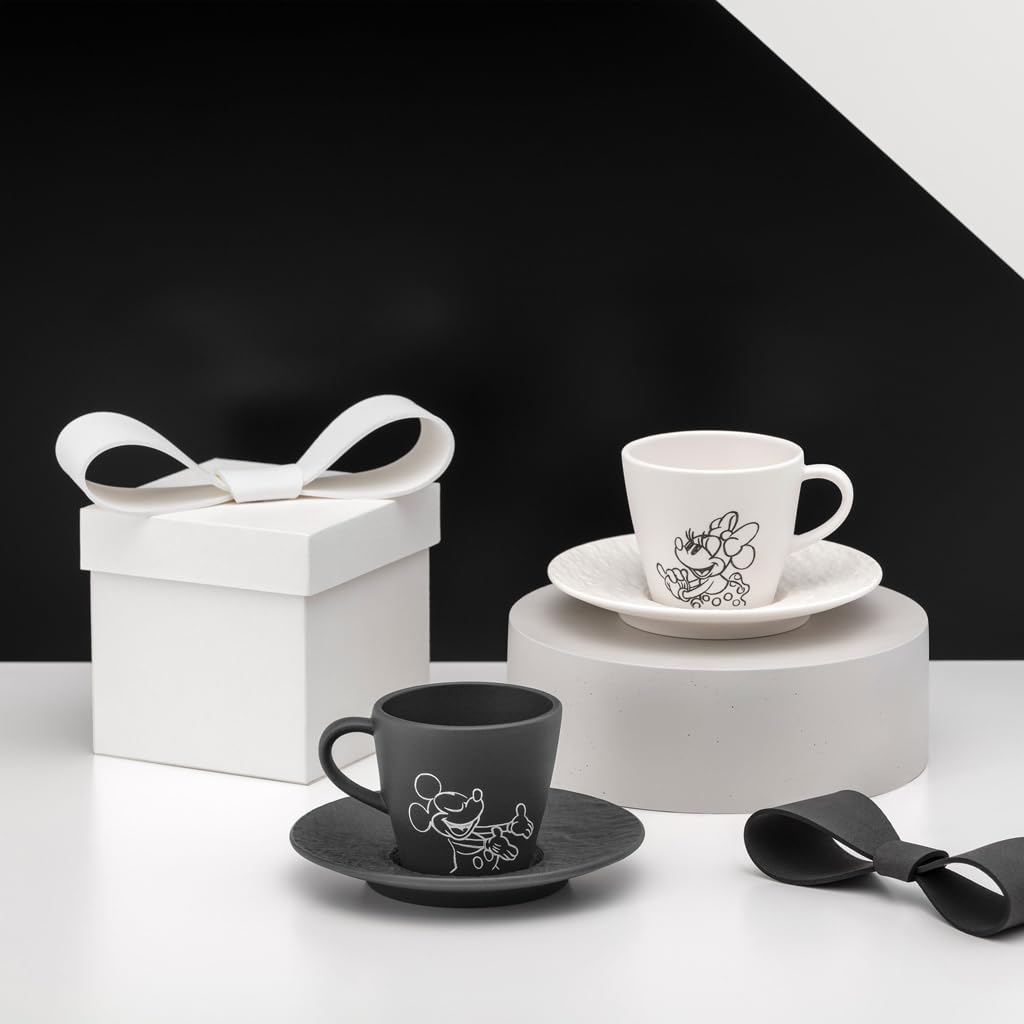 Villeroy & Boch Manufacture Rock – Mickey Mouse – Espressotasse mit Untertasse, 4-teilig, schwarz/weiß, spülmaschinenfest & mikrowellensicher, Schieferoptik mit Disney Mickey Mouse Dekor