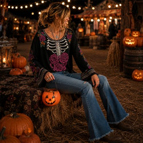 Womens Halloween Shirts Skeleton Floral Graphic Shirt Bell Sleeve Top - image 3