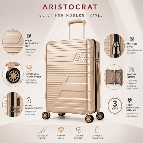 Image of Aristocrat Lineo Polycarbonate (Champagne, 55 Centimeter) | Shell Luggage with Combination Lock Dual Wheel Antitheft Zipper Spacious Interior