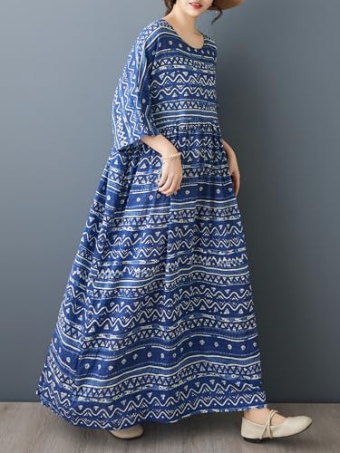 Image of Women Plus Size Dresses Summer Vintage Print O Neck Oversized Boho Vacation Casual Robe with Side Pockets