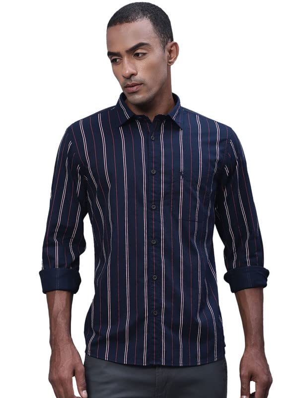 Image of Cantabil Men Cotton Striped Navy Blue Full Sleeve Casual Shirt (P MSHC00509 Navy)