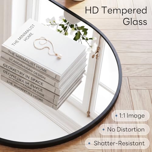Image of Sweetcrispy 24 inch x 36 inch Black Bathroom Mirror for Wall, Oval Wall Mirror with Metal Frame, Tempered Glass, Modern Vanity Mirror for Over Sink, Living Room, Bedroom, Entryway, Horizontal or Vertical